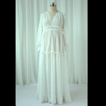 MQTIME  -  Photography Dress For Women Comfortable Linen Cotton Long Sleeved V-neck Dress Maternity Dresses For Photo Shoot Dress